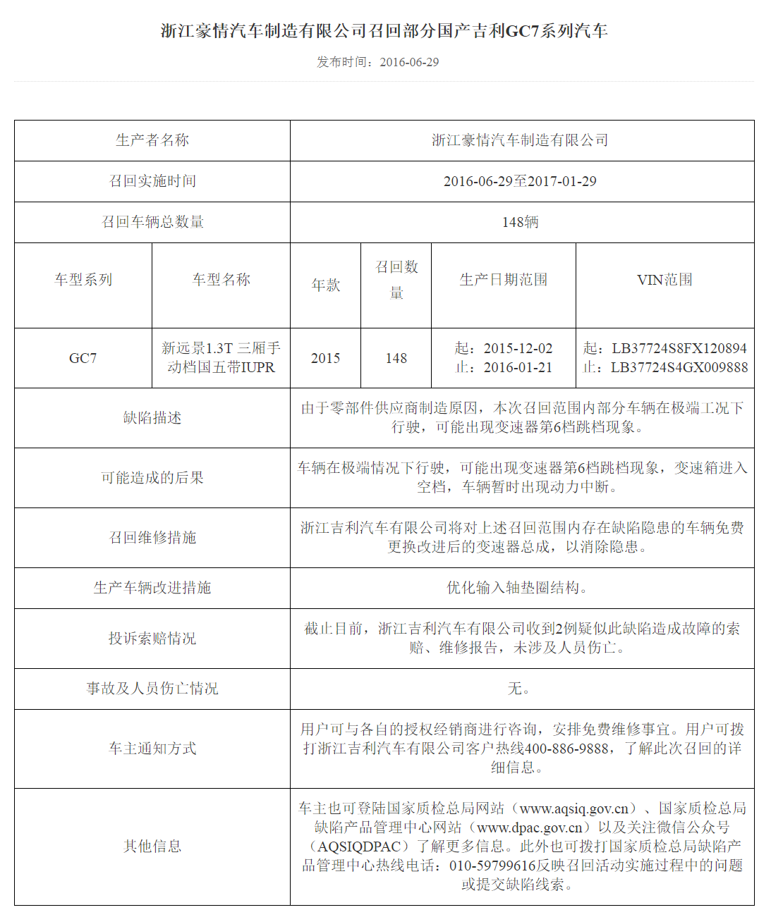 召回 | 变速器油壶可能溢油引发火灾 吉利召回18031辆吉利远景GC7