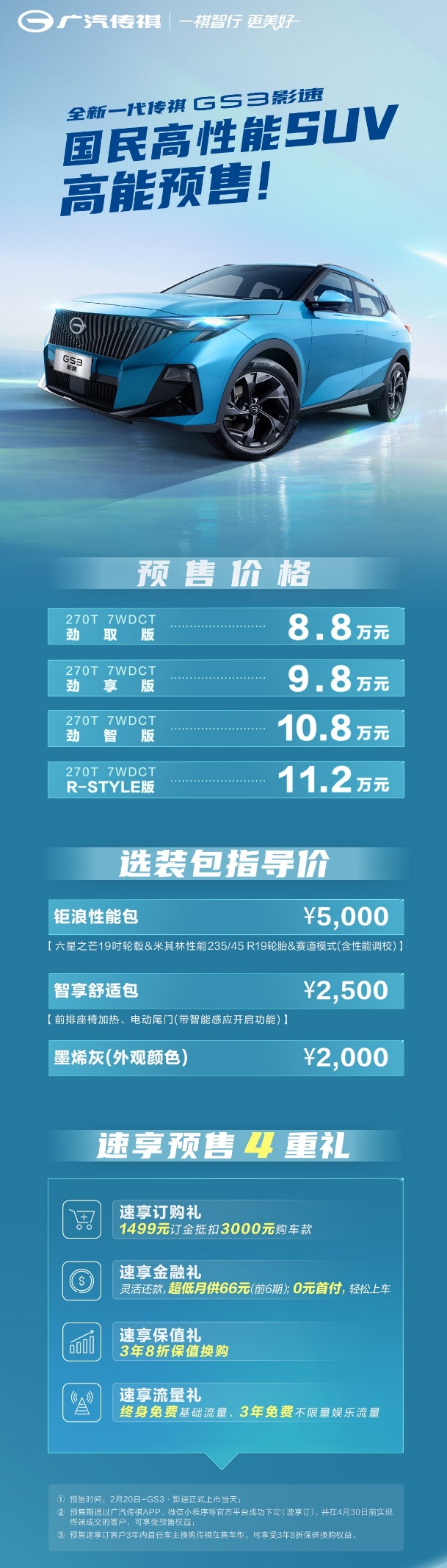 7.5秒破百 1公里不到5毛钱 全新一代传祺GS3•影速预售价8.8万起