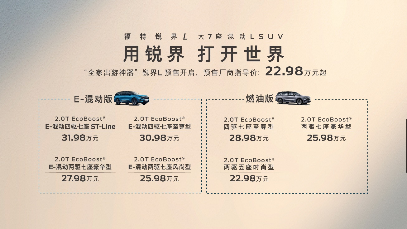 福特锐界L预售价22.98万元起,入门即高配,强攻汉兰达!
