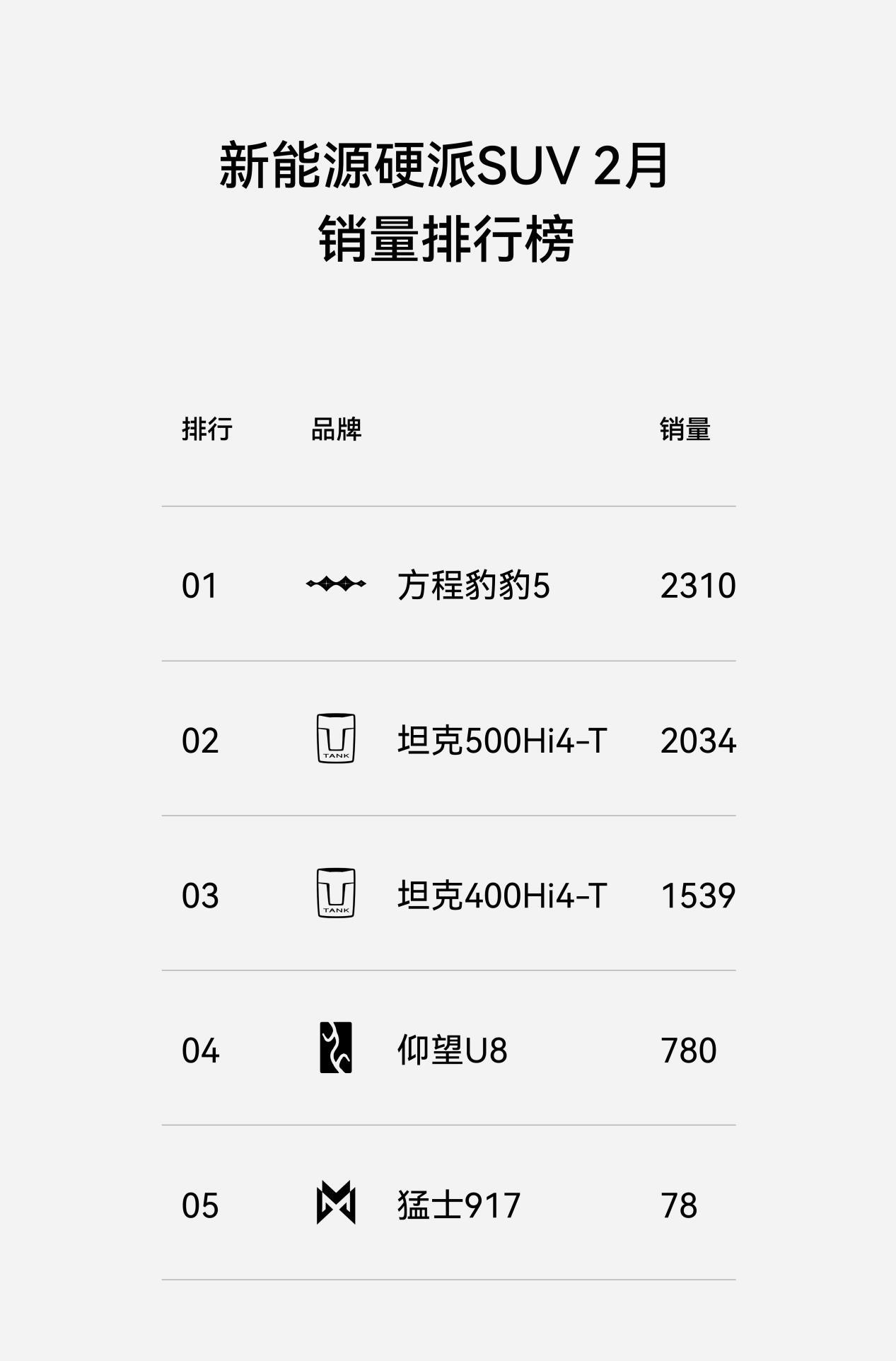 新能源硬派SUV 2月销量：方程豹豹5力压坦克夺冠