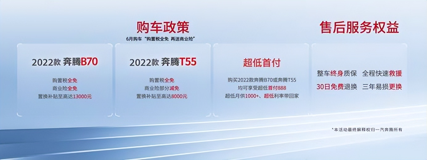 购置税全免 再送商业险 一汽奔腾2022款B70及T55诚意上市