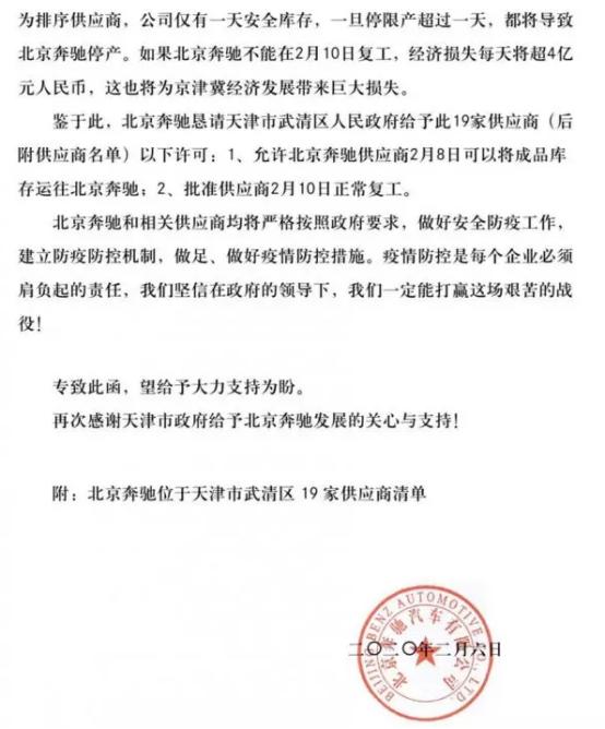 疫情时期，北京奔驰要求供应商复工，谁给其这么大的自信？