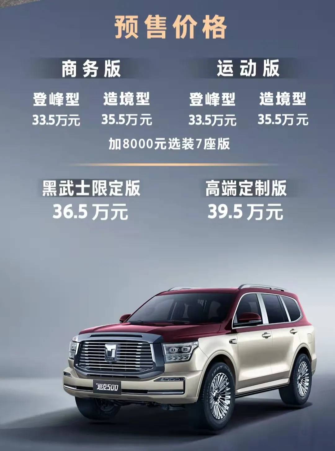 搭载3.0T V6发动机 33.5万元起 坦克500全球开启预售