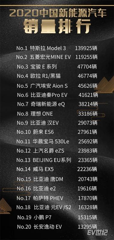 2020中国新能源汽车销量排行,两车独占20%份额