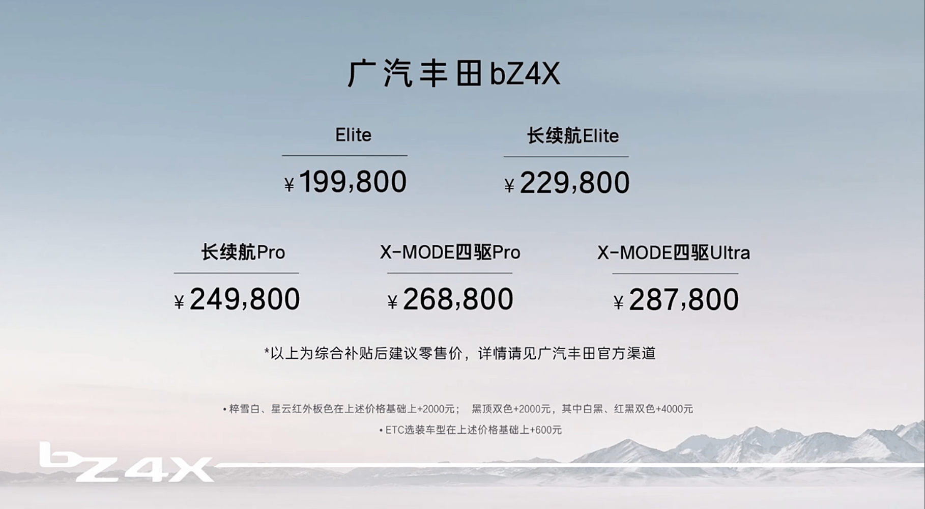 广汽丰田bZ4X正式上市 19.98万元起对标大众ID.4