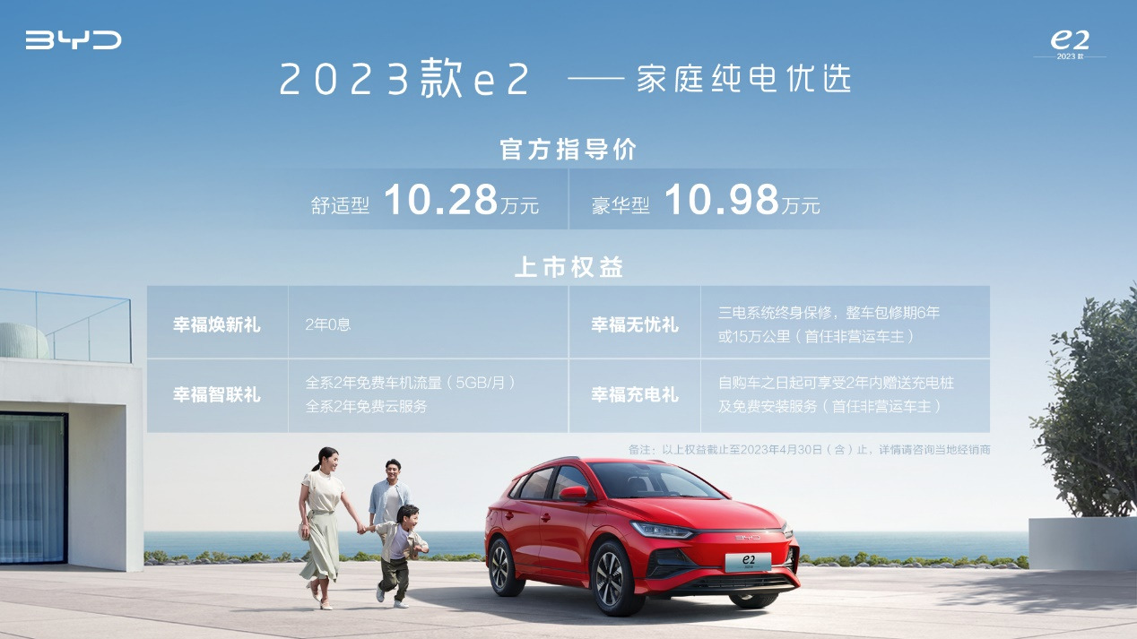 e平台3.0技术基因赋能 比亚迪2023款e2上市 售价10.28万元起